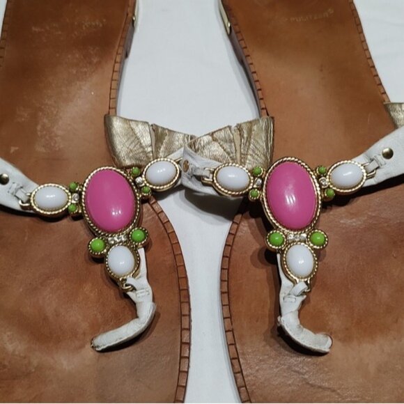 Lilly Pulitzer Embellished White Leather Thong Sandals Flip-Flops 8.5M - Picture 3 of 10